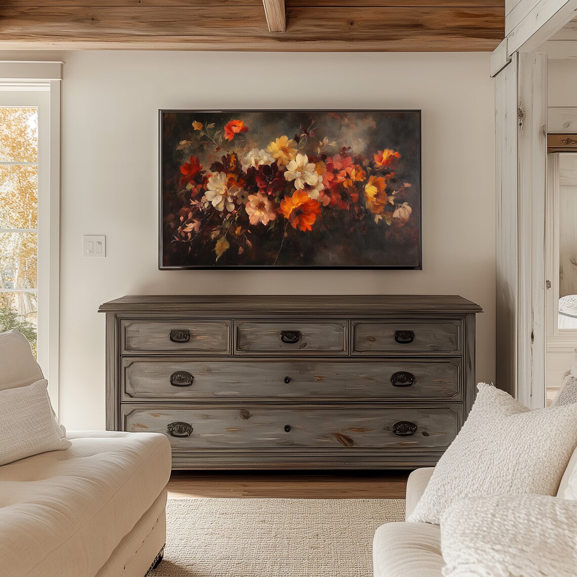 Dark Moody Floral Still Life Orange Autumn Blooms Oil Poster - Image 2