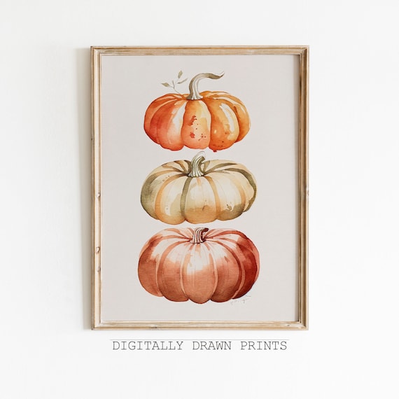Stacked Watercolor Pumpkins Rustic Orange Cream Fall Wall Art Print