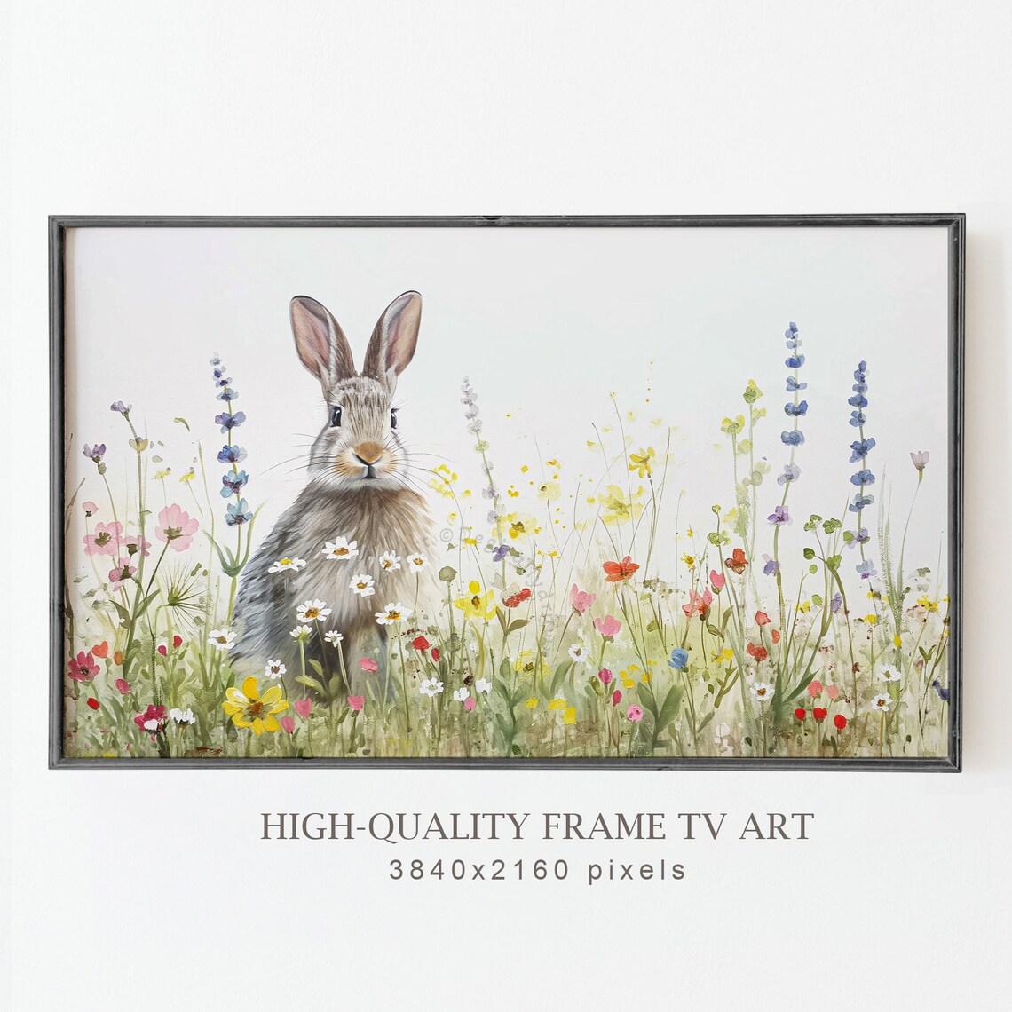Watercolor Bunny In Spring Wildflower Meadow Cute Easter Rabbit Wall Art - Image 2