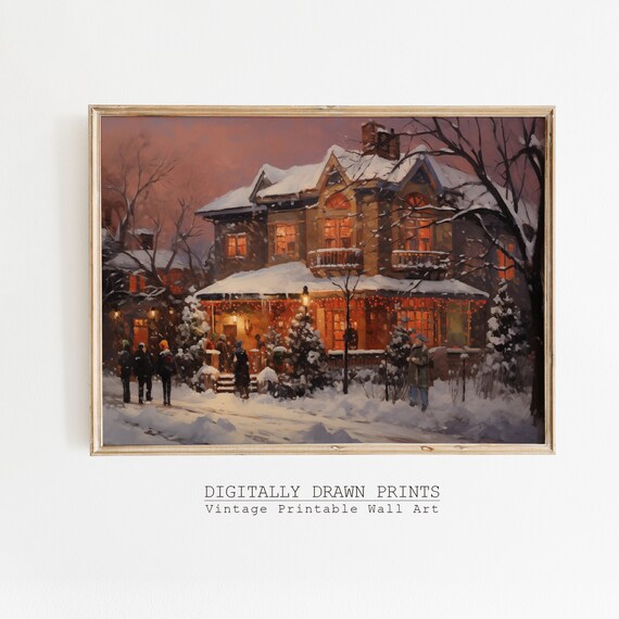 Moody Christmas Wall Art Winter Oil Painting Of Snowy Houses Holiday Wall Art Cottagecore Decor