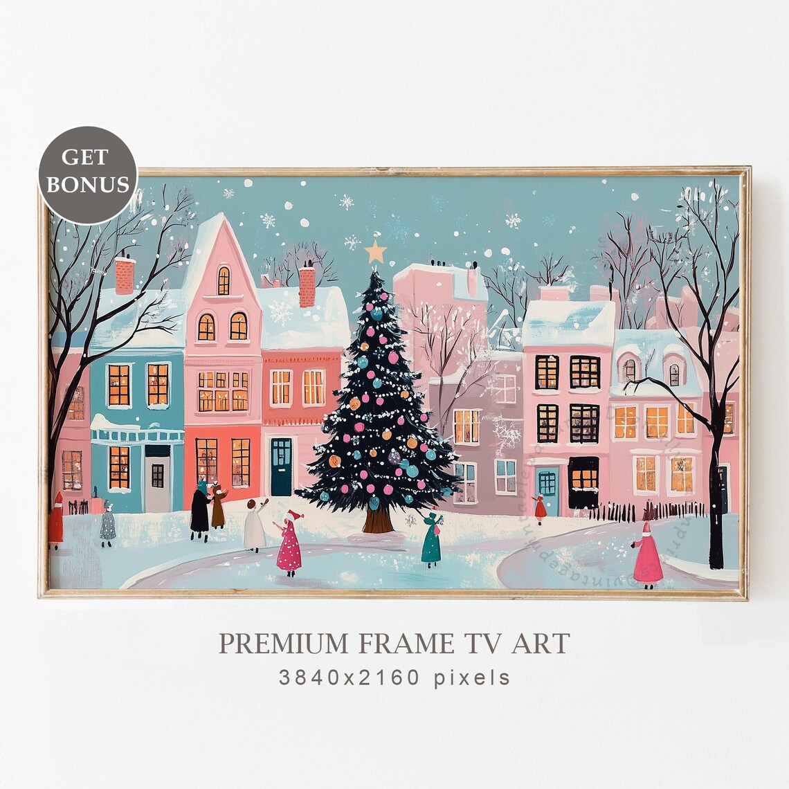 Snowy Pink Village Christmas Landscape Art Print