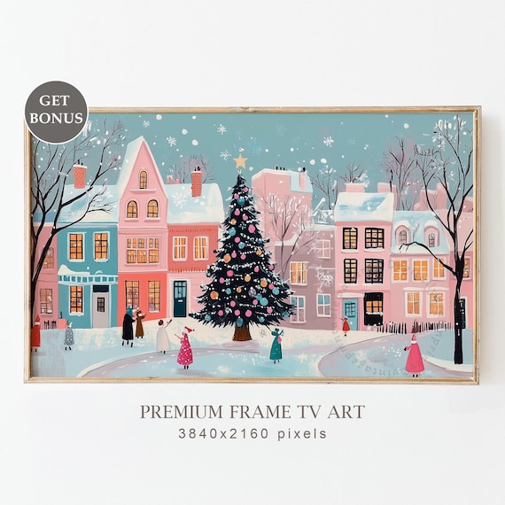 Snowy Pink Village Christmas Landscape Art Print