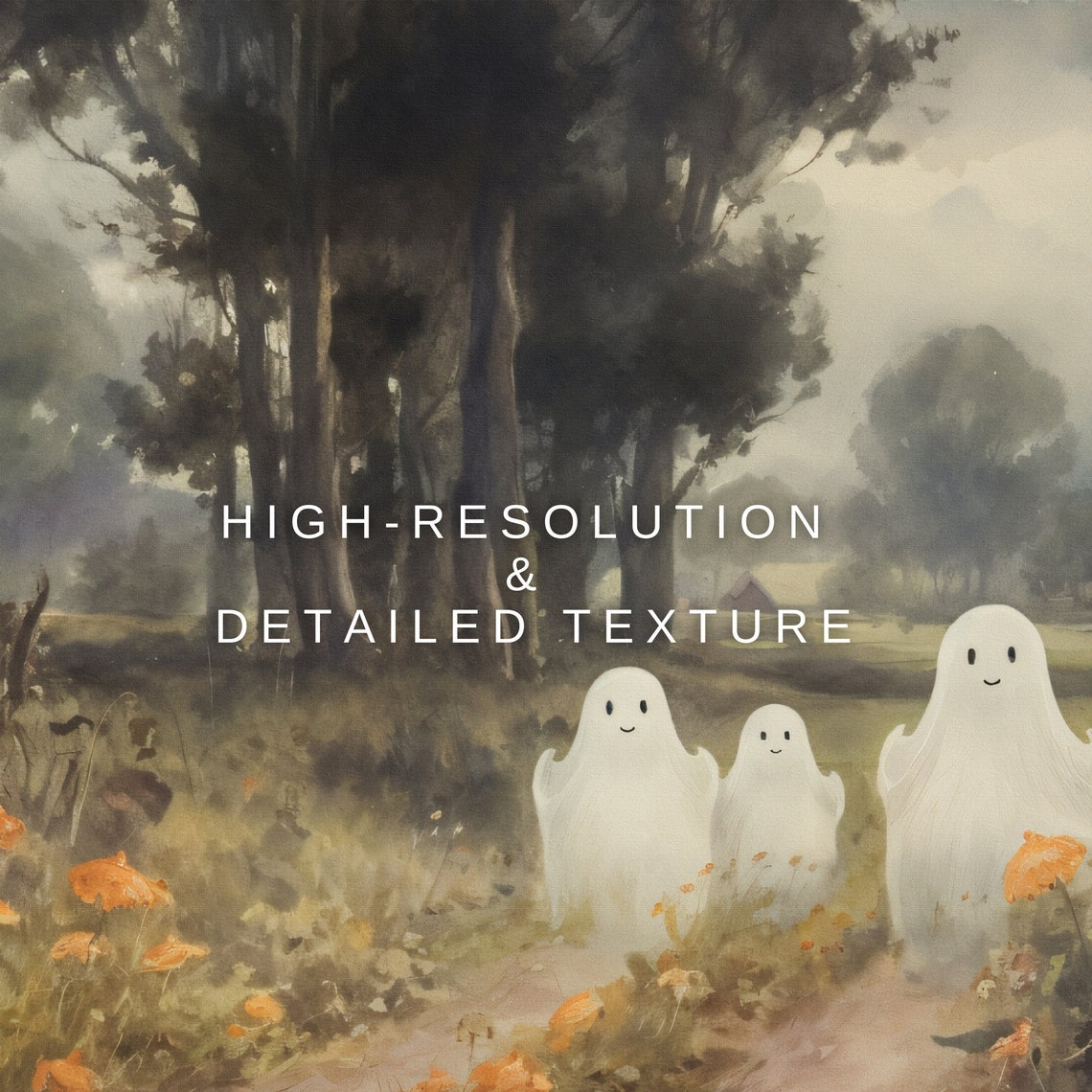 Three Cute Ghosts In Haunted Forest Path Spooky Halloween Night Poster - Image 2