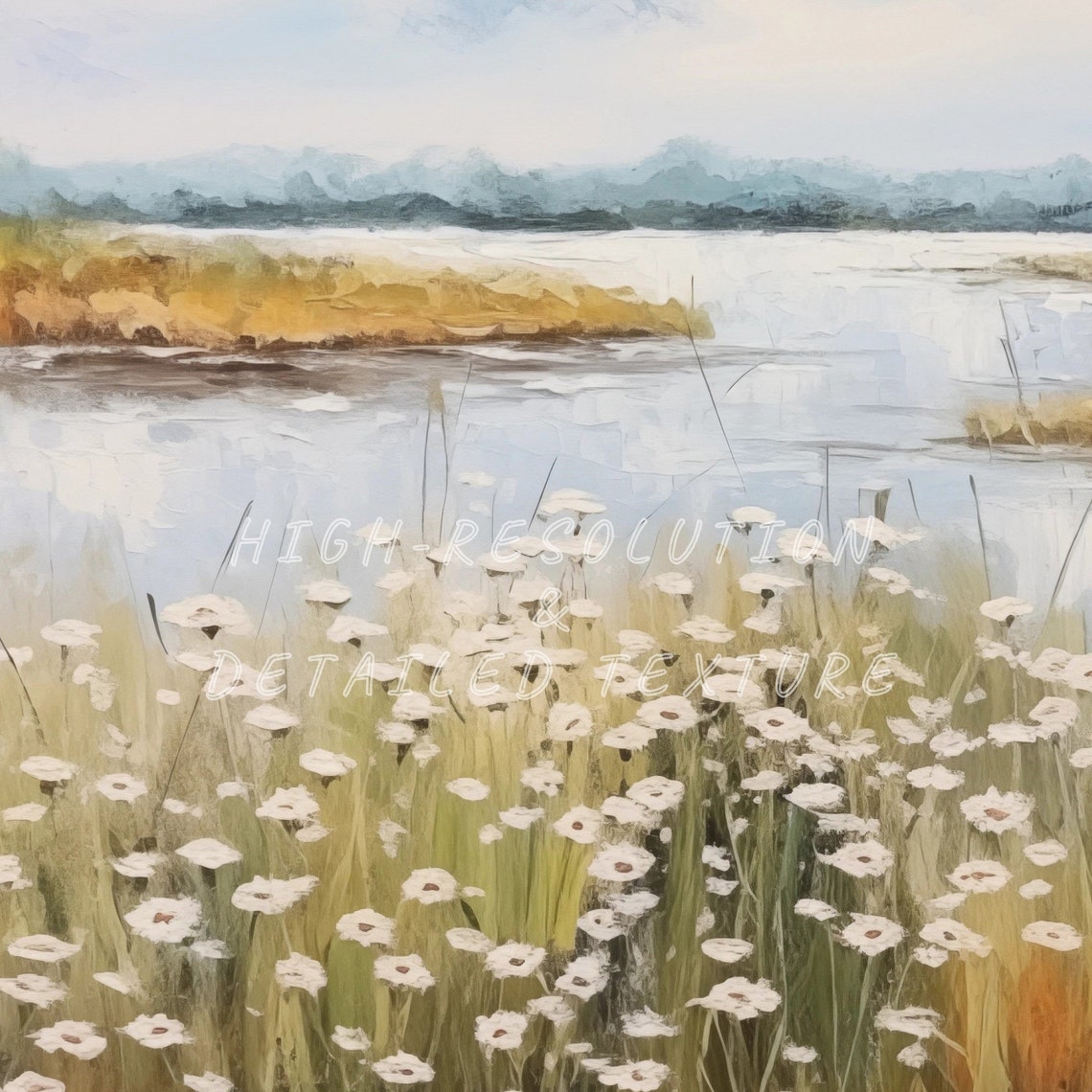 Wildflower Meadow Beside Calm Lake Cloudy Sky Landscape Print - Image 2