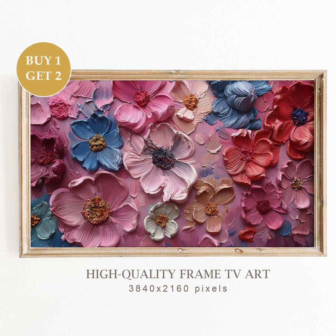Bold Pink Blue Red Impasto Flowers Textured Frame TV Art Print Modern
