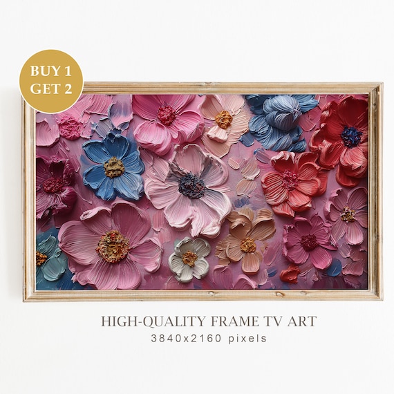 Bold Pink Blue Red Impasto Flowers Textured Frame TV Art Print Modern