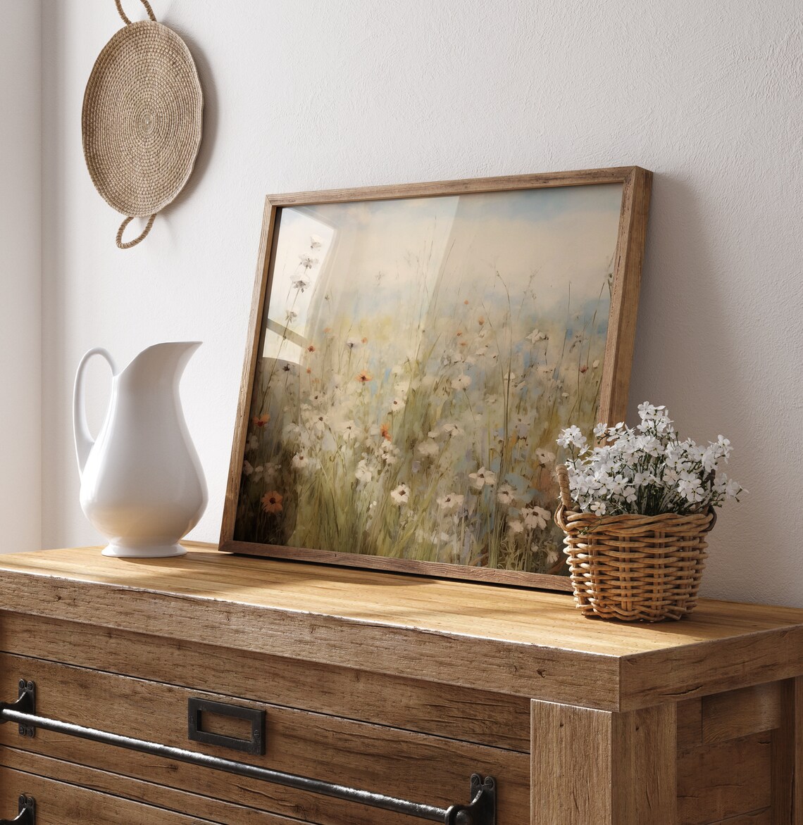 Delicate White Daisies Tall Grasses Neutral Vintage Floral Meadow Art Poster - Image 2