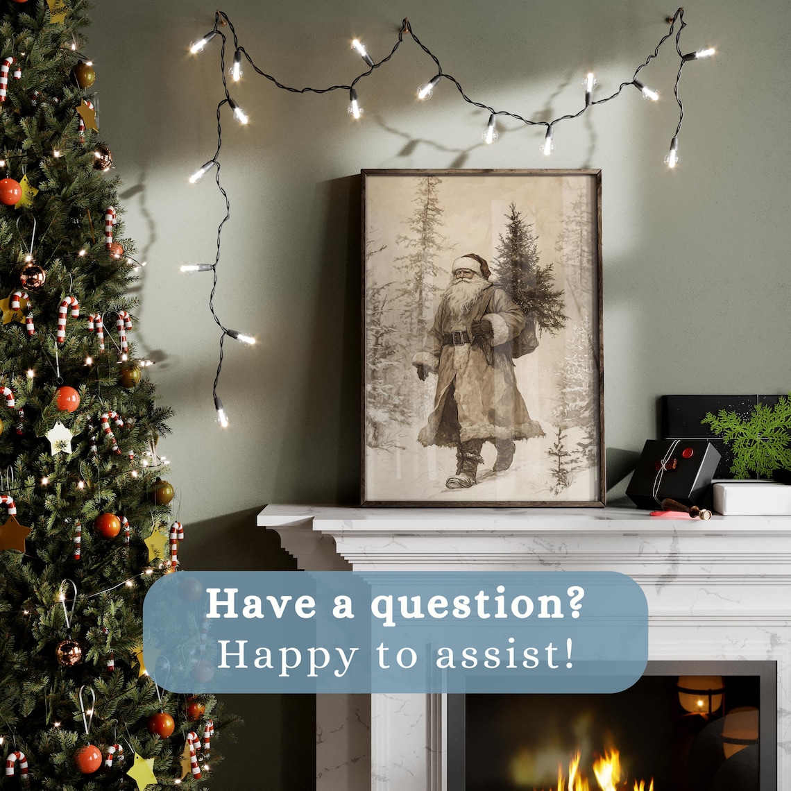Vintage Christmas Santa Claus and Tree Art Print - Image 3