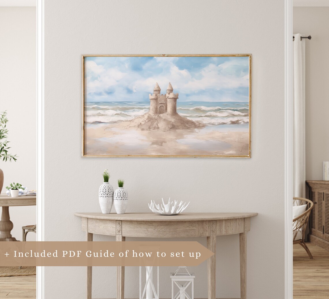 Sandcastle On Beach Vintage Ocean Waves Summer Coastal Whimsy Art Poster - Image 2