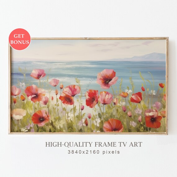 Red Poppy Wildflowers Coastal Field Sea View Floral Oil Poster