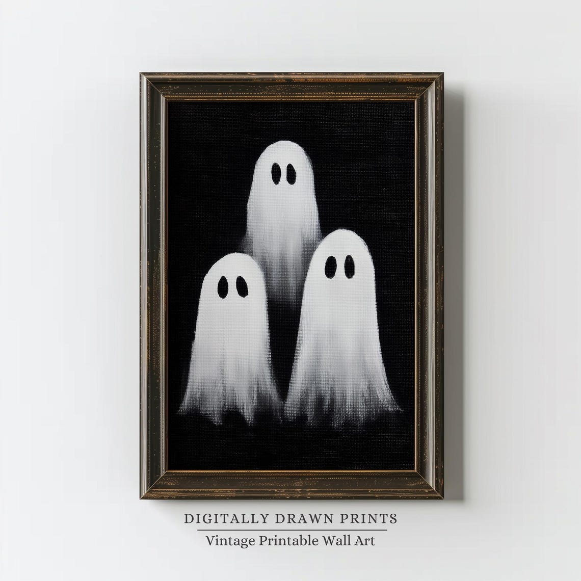 Three Cute White Ghosts Black Background Minimalist Halloween Print