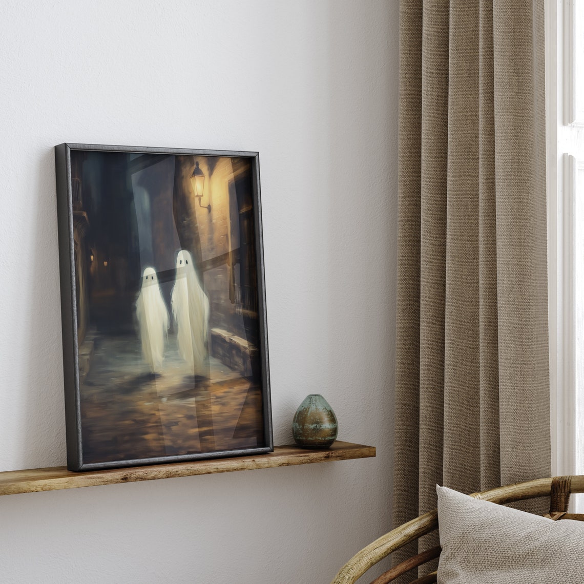 Two Ghosts in Lamplit Old Town Street Moody Halloween Night Art Print - Image 2