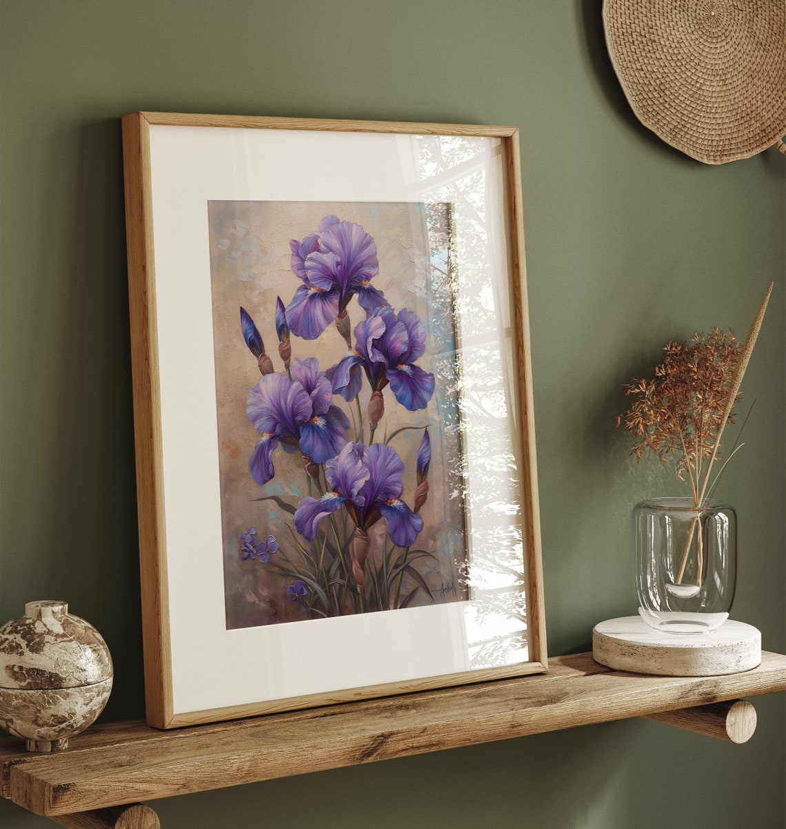 Vintage Wall Art Purple Irises Antique Oil Painting Flowers Meadow Muted Tone Print Country Oil Painting - Image 3
