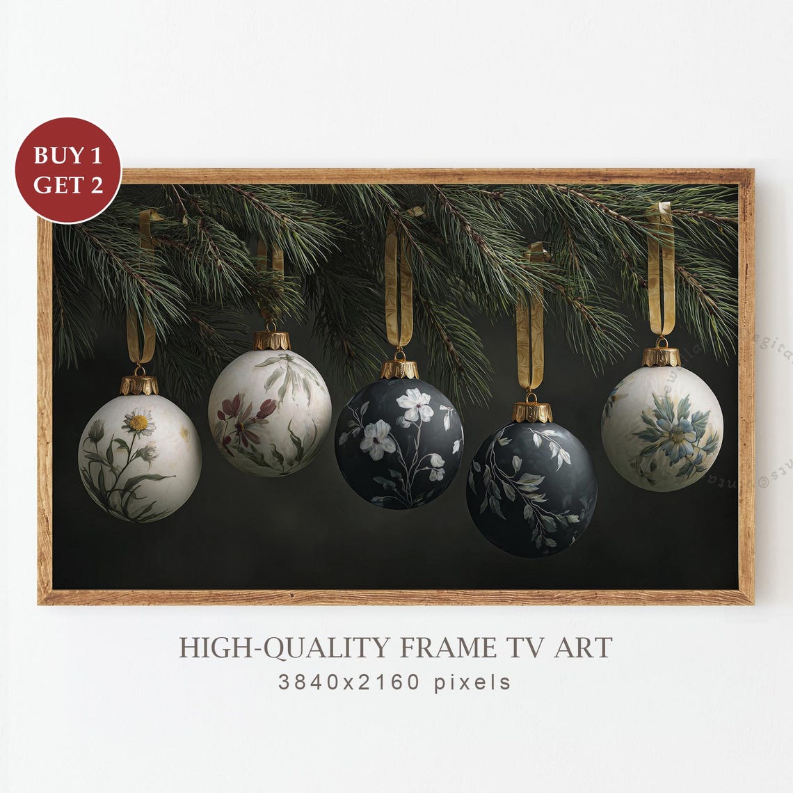 Floral Christmas Ornaments Baubles on Pine Branch Holiday Wall Art