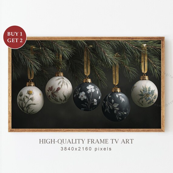Floral Christmas Ornaments Baubles on Pine Branch Holiday Wall Art
