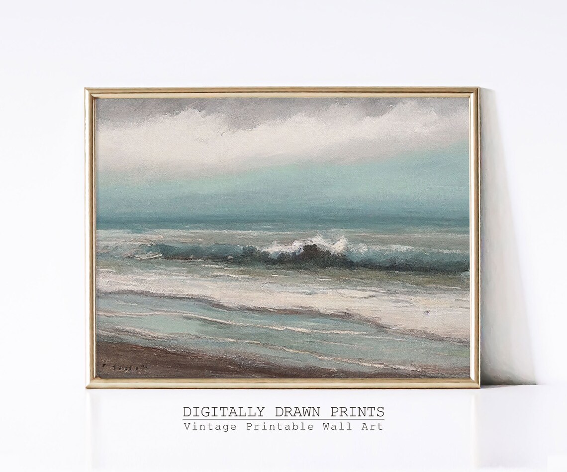 Vintage Coastal Seaside Painting, Neutral Landscape Art Print