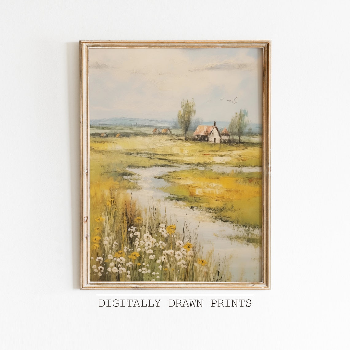 Country Cottage by Winding Stream Golden Meadow Landscape Print