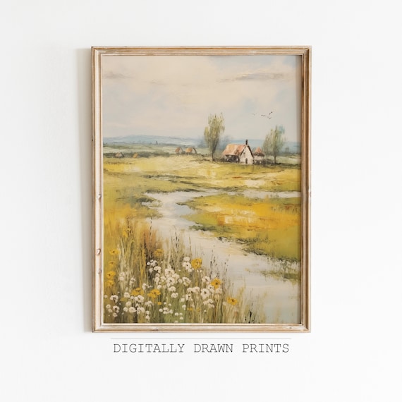 Country Cottage by Winding Stream Golden Meadow Landscape Print