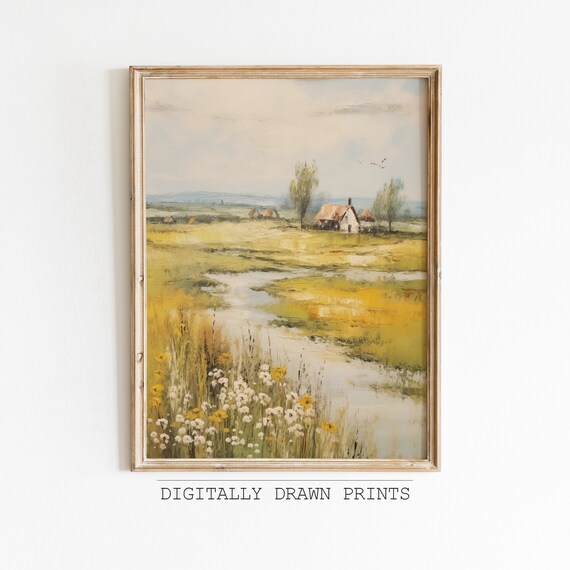 Moody Spring Landscape Vintage Oil Painting Moody Spring Decor Farmhouse Print Neutral Spring Wall Art
