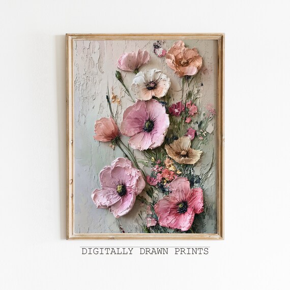 Blush Pink Poppies 3D Impasto Floral Abstract Oil Painting Wall Art Print