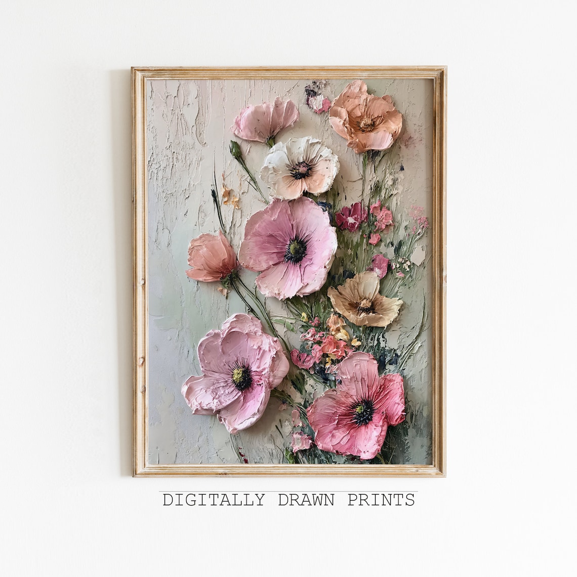 Blush Pink Poppies 3D Impasto Floral Abstract Oil Painting Wall Art Print