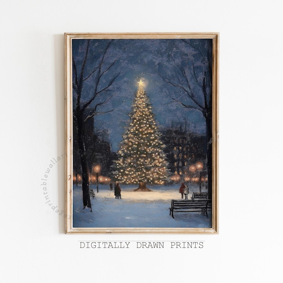 Moody Christmas Pinetree Wall Art Print Snowy Park Painting Winter Landscape Print Christmas Home Decor Christmas Cottagecore Wall Art