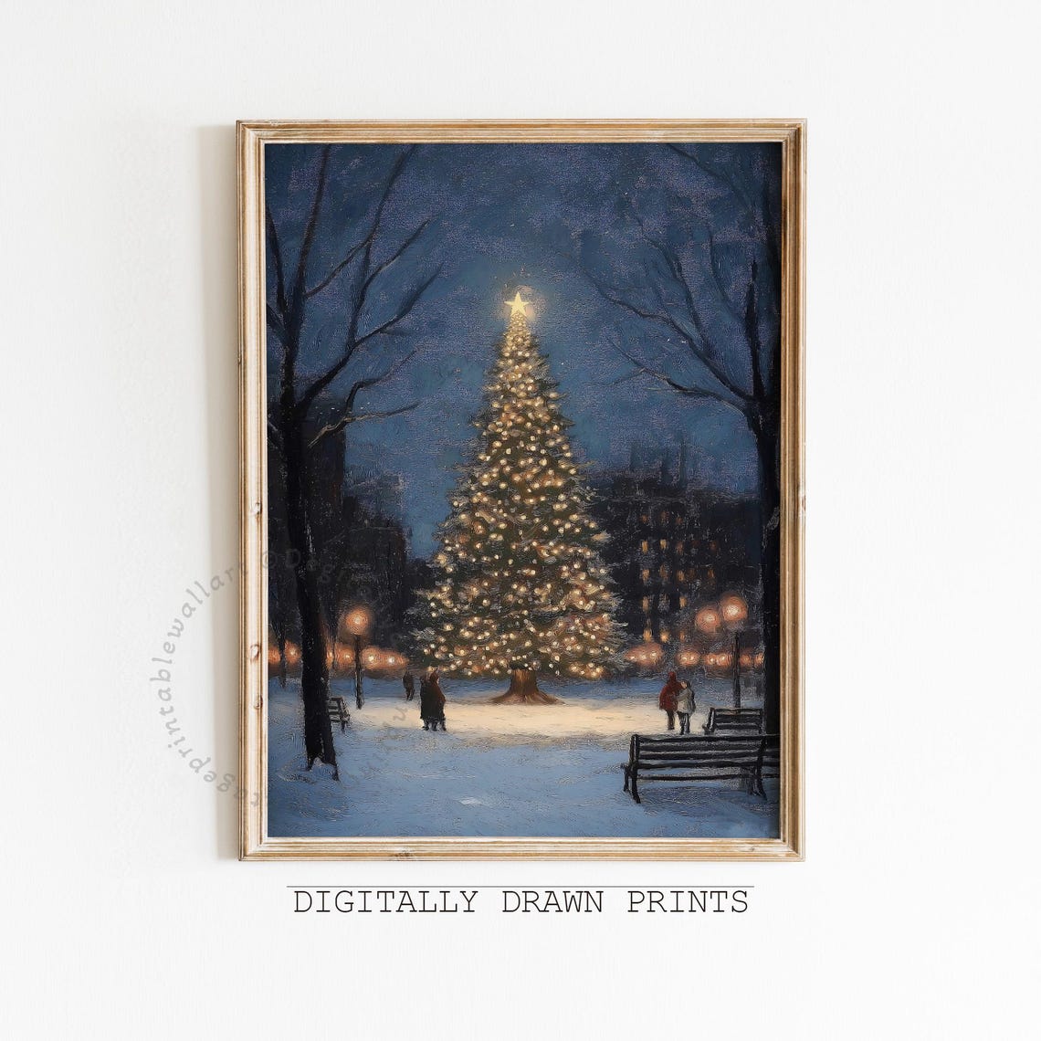 Lit Christmas Tree Snowy Park Night Benches Warm Lamps Poster