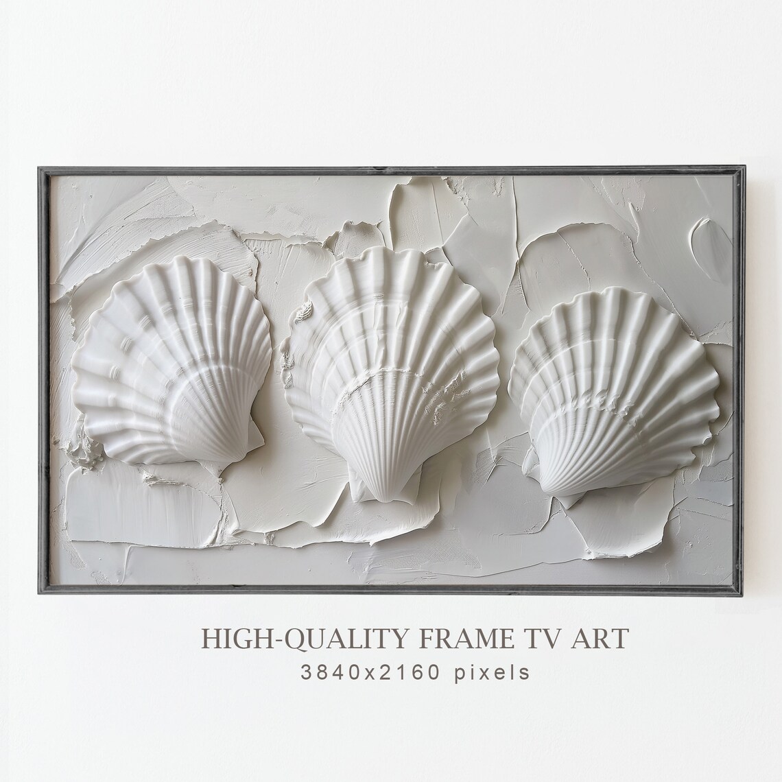White Scallop Shells Textured 3D Plaster Coastal Beach Minimalist Art Poster - Image 5