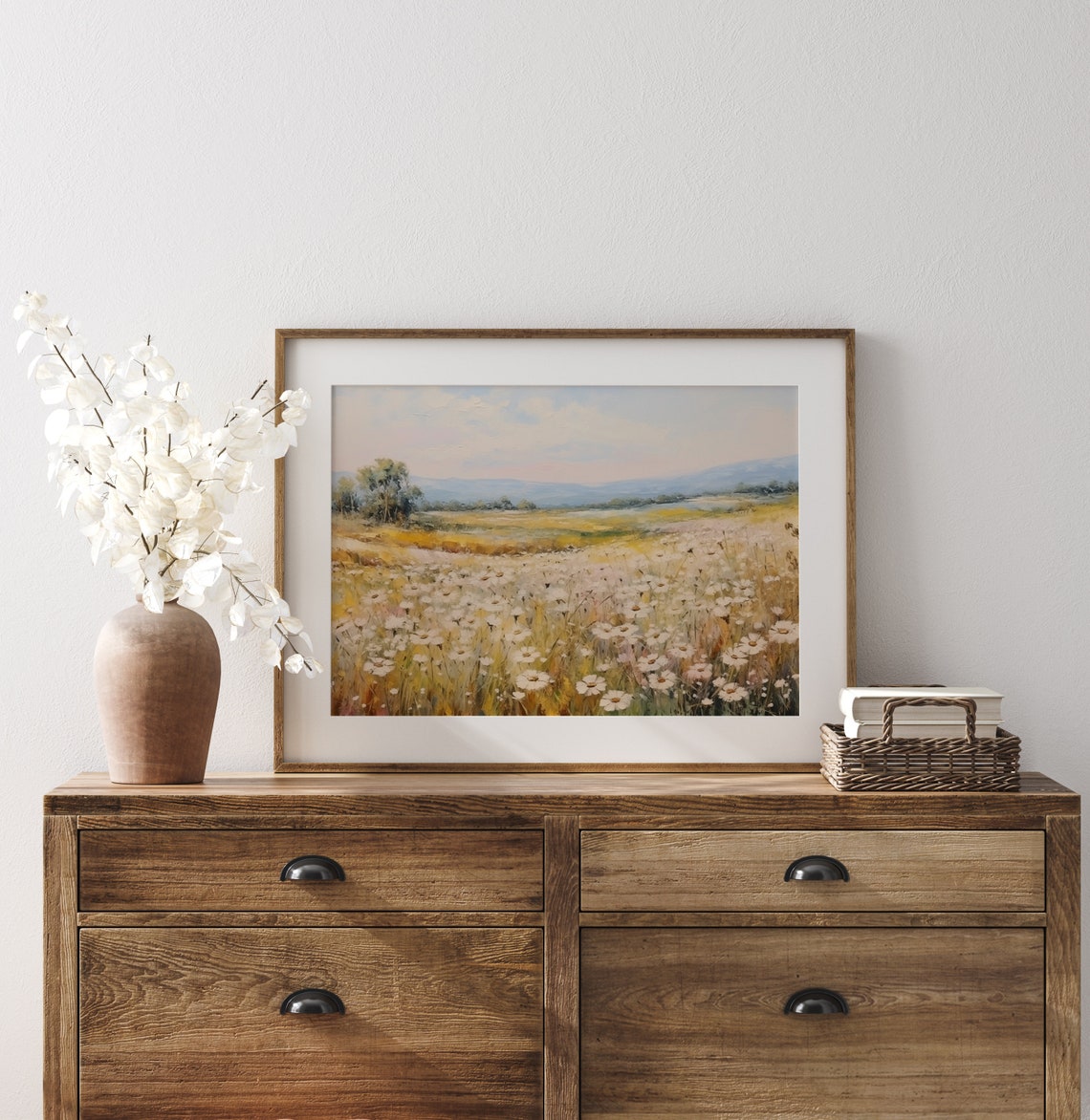 White Daisy Meadow Under Pastel Sky Rolling Hills Landscape Print - Image 3