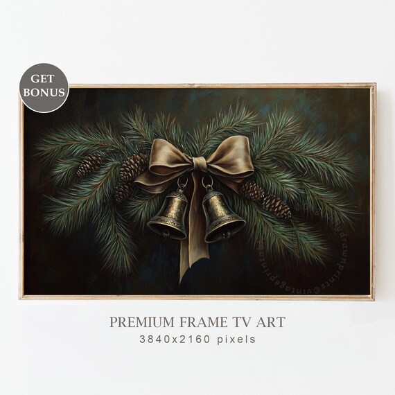 Dark Moody Christmas Frame Tv Art Cottagecore Christmas Decor Vintage Evergreen Christmas Bells Holiday Painting For Tv