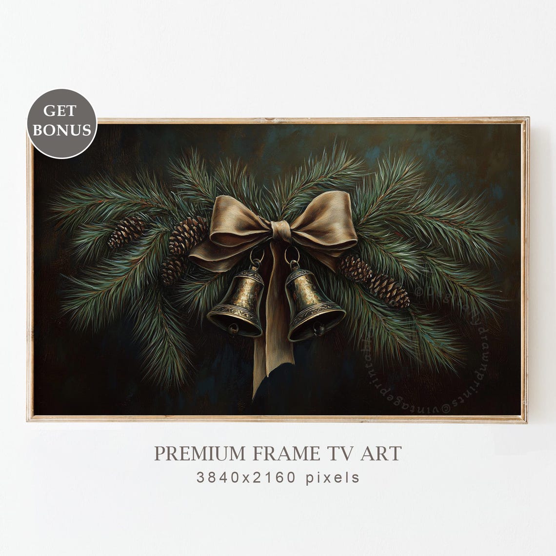 Dark Moody Christmas Bells Gold Bow Pine Branch Vintage Poster