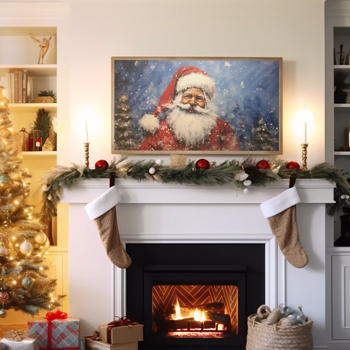 Jolly Santa Claus Portrait Snowfall Deep Blue Night Art Poster - Image 3