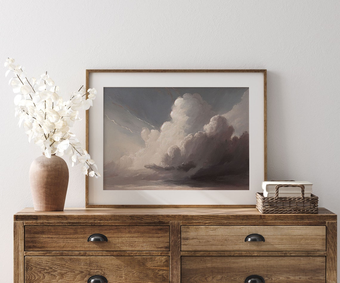 Cloudy Sky Painting Vintage Landscape Aesthetic Wall Art Muted Wall Art - Image 3