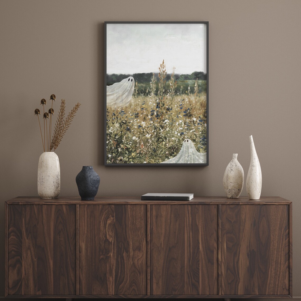 Cute Ghost On A Flower Meadow Vintage Art Print - Image 3