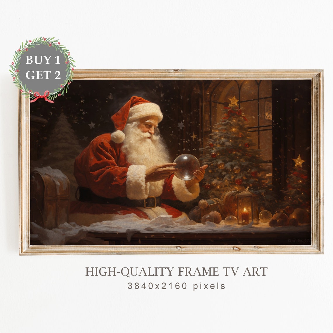 Christmas Frame Tv Art Santa Holding A Winter Globe Vintage Christmas Oil Painting For Tv Farmhouse Christmas Decor Holiday Art