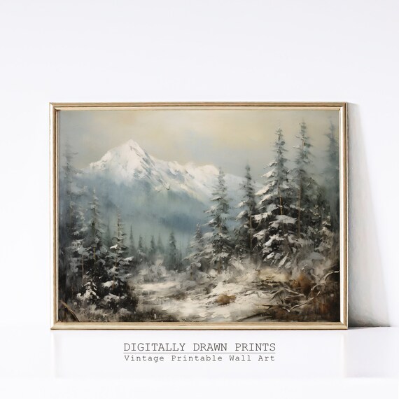 Christmas Wall Art Moody Oil Painting Of A Snowy Mountain Seasonal Christmas Decor Farmhouse Wall Art Art