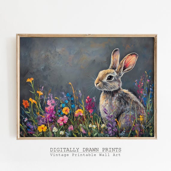 Dark Easter Bunny Wall Art Moody Wildflowers Rabbit Print Rustic Spring Decor Vintage Farmhouse