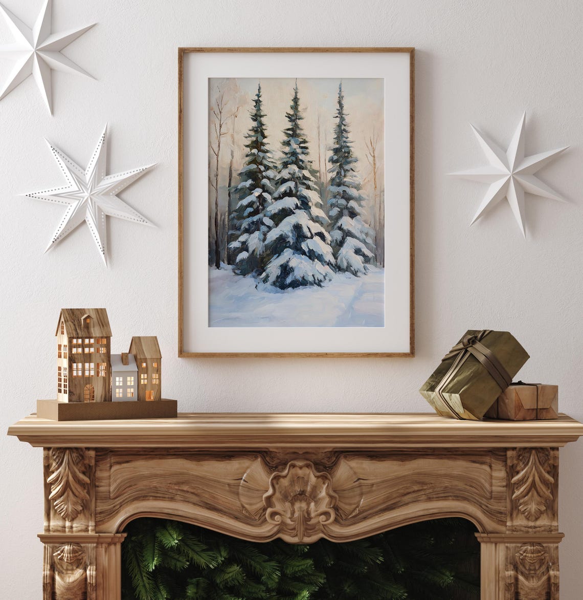 Three Snow Laden Pine Trees Soft Winter Light Christmas Holiday Poster - Image 4