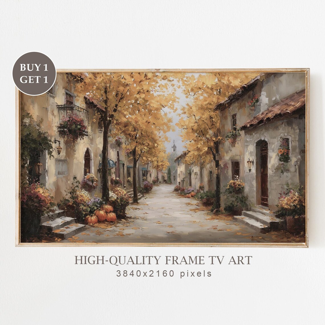 Autumn Village Street Golden Trees Old Town Harvest Frame TV Poster