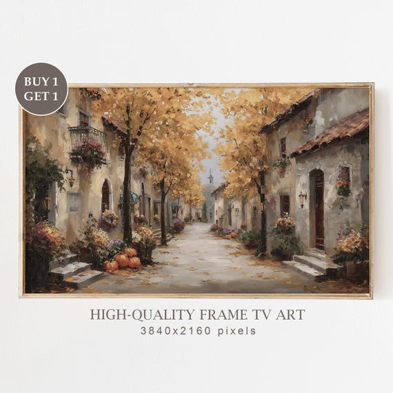 Fall Town Frame Tv Art Autumn Street Landscape Vintage Village Painting Thanksgiving