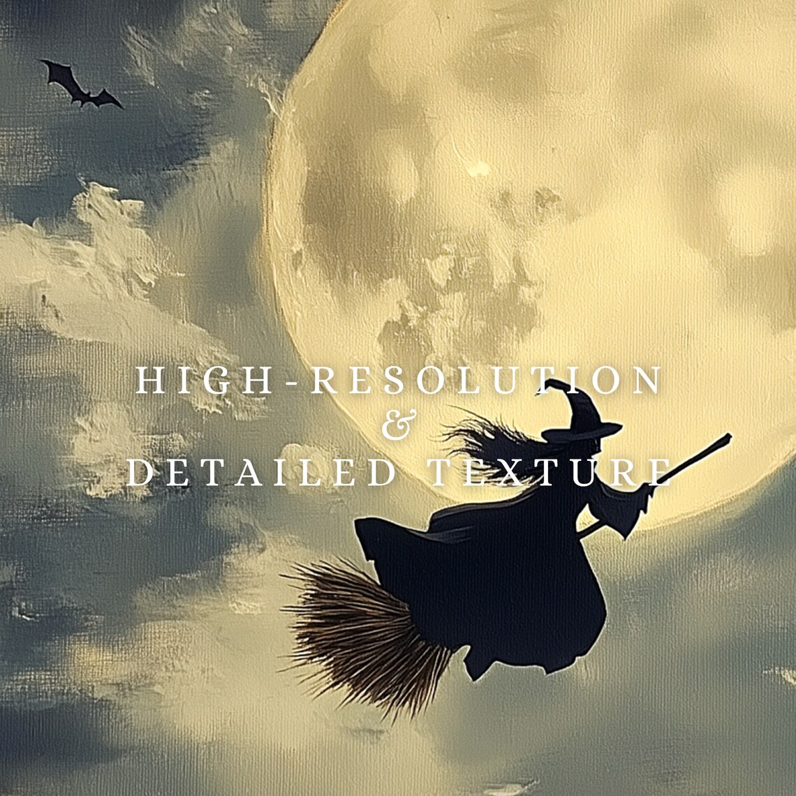 Witch Silhouette Flying Broomstick Full Moon Night Bats Halloween Poster - Image 2