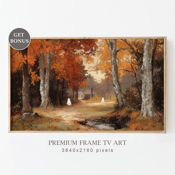 Spooky Cute Ghosts In Autumn Landscape Painting Frame Tv Halloween Frame Tv Rustic Fall Decor Ghost Painting