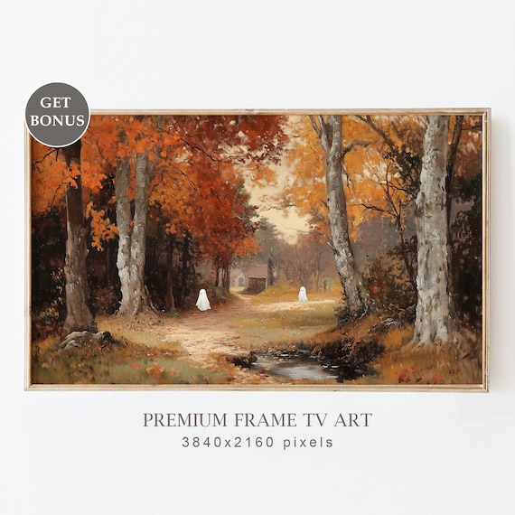 Two Little Ghosts Autumn Path Stream Fall Trees Spooky Cute Poster