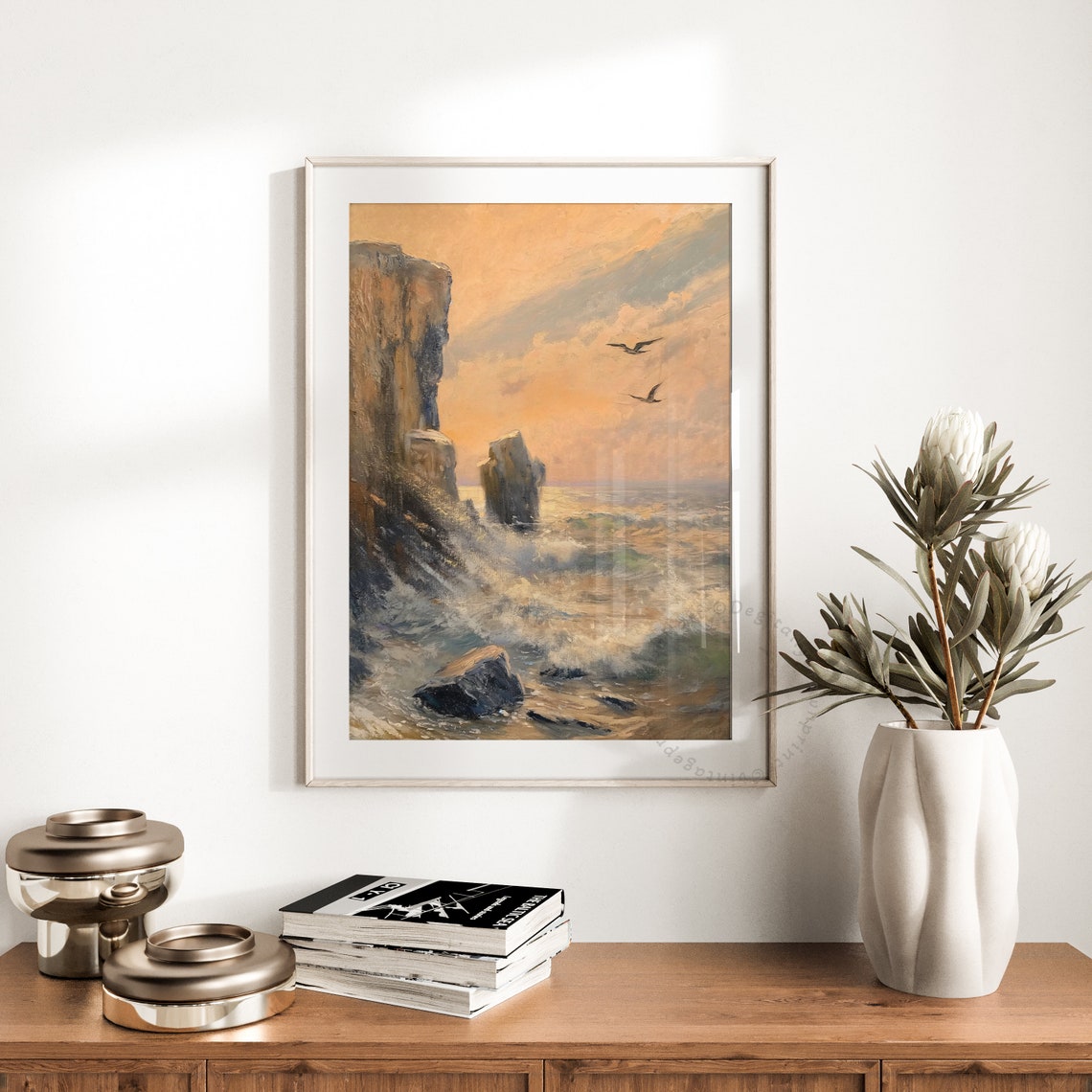 Dramatic Coastal Cliffs Sunset Waves Seagulls Seascape Art Print - Image 3