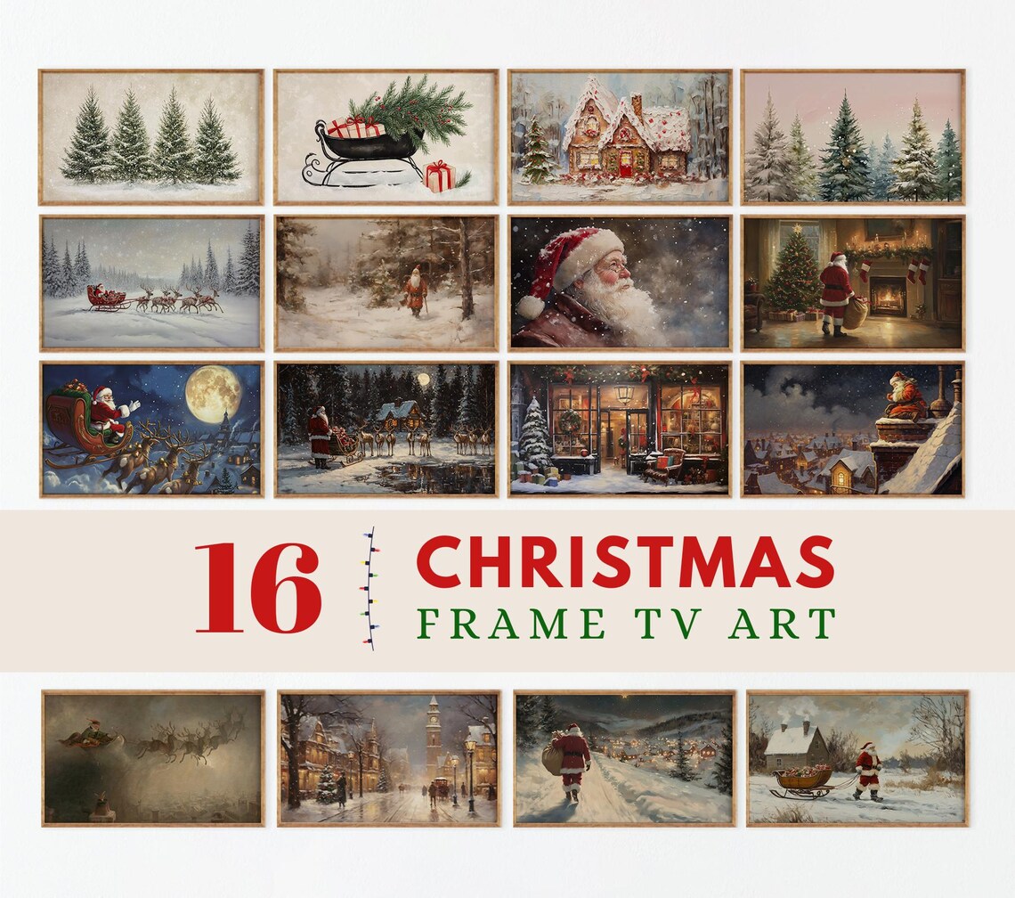 Set of 16 Vintage Christmas Art, Farmhouse Decor