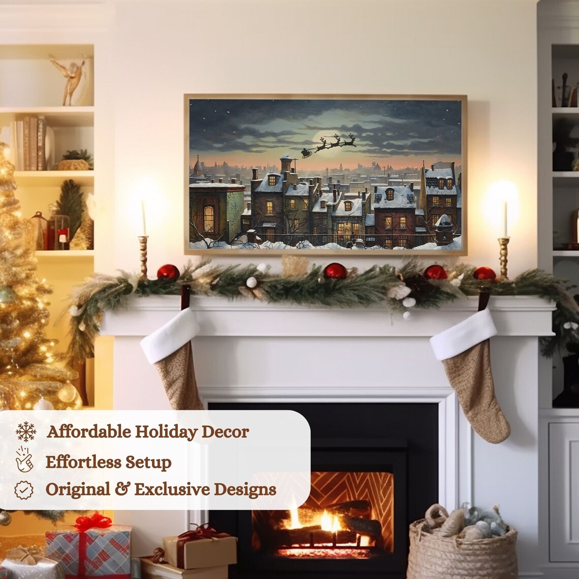 Christmas TV Frame Art, Santa Snowy Town Night - Image 3
