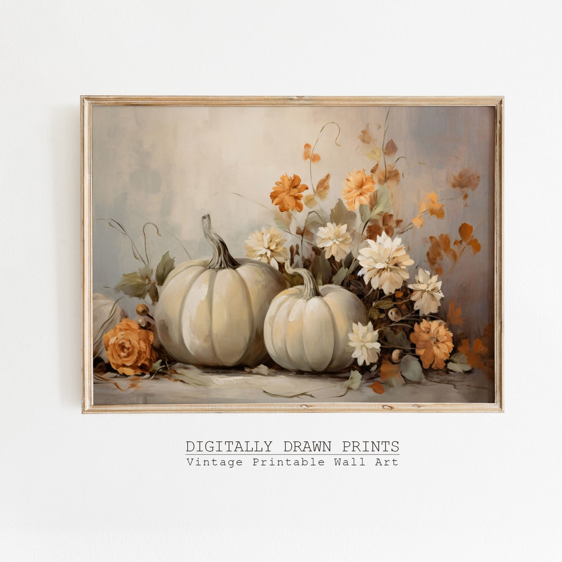 White Pumpkins And Autumn Blooms Vintage Fall Still Life Harvest Print