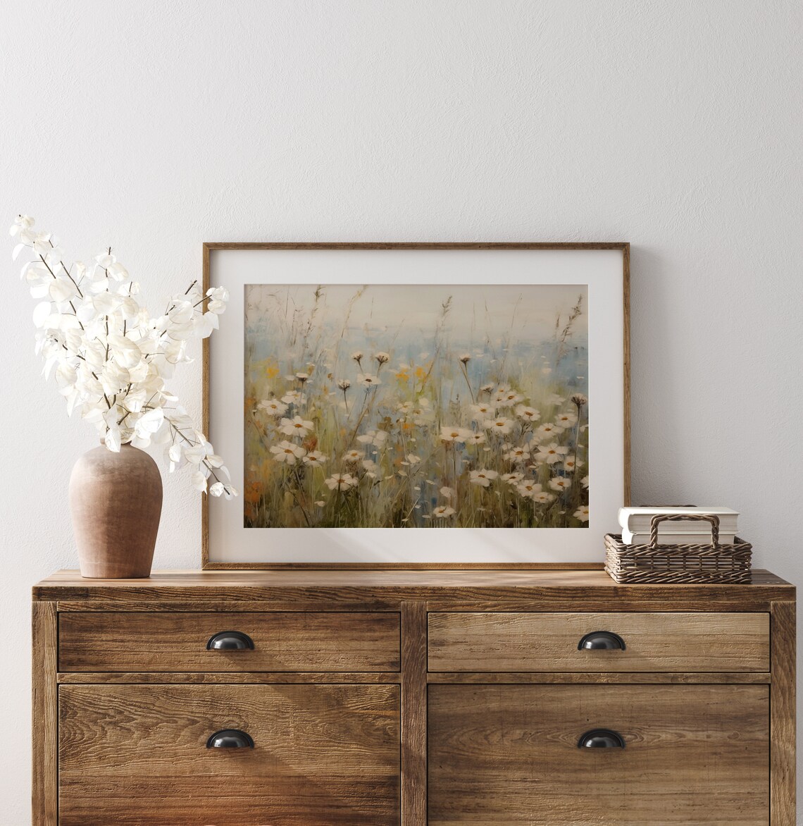Airy White Daisy Field Soft Blue Sky Vintage Impressionist Floral Art Poster - Image 4