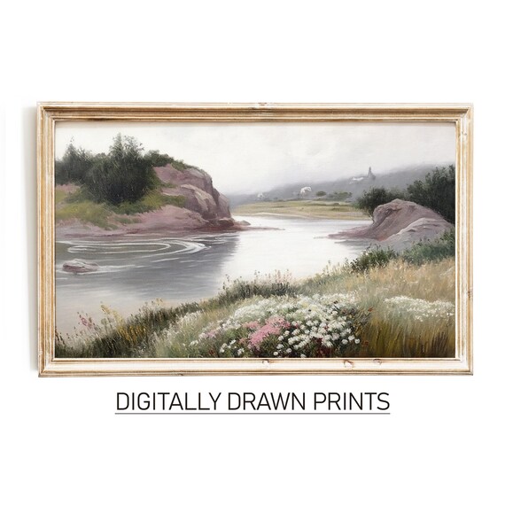 Rocky River Cliffs Wildflowers Misty Morning Vintage Landscape Print