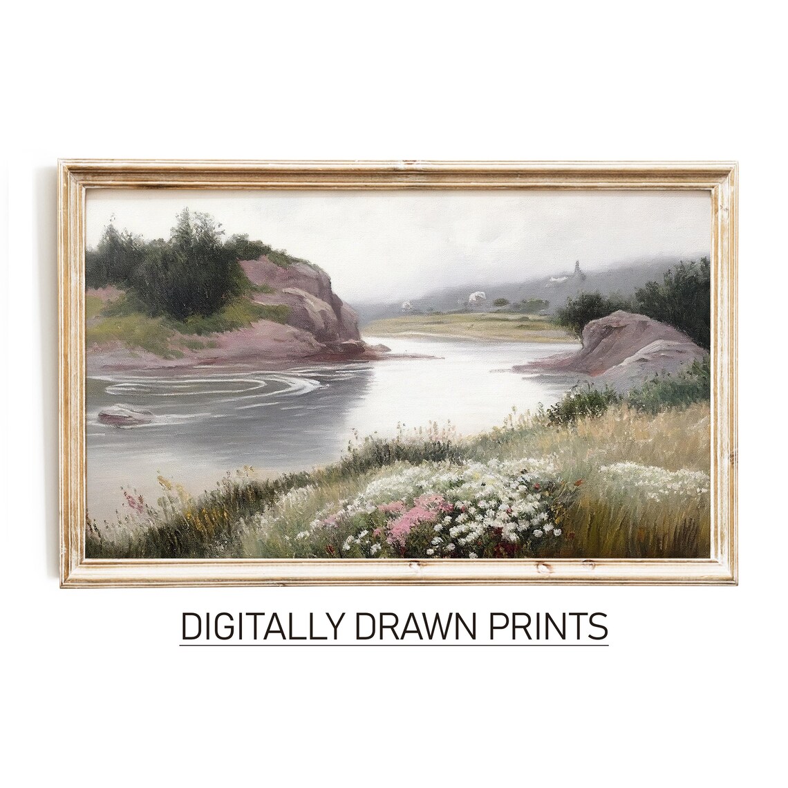 Rocky River Cliffs Wildflowers Misty Morning Vintage Landscape Print